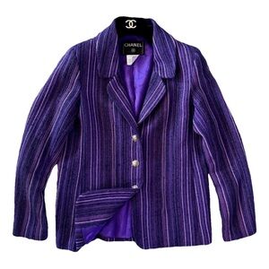 Chanel tweed Blazer Jacket  purple with Gold chain through out  Size small